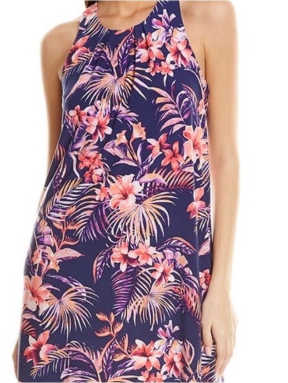 Tori Richard Blue Pink Palm Flower Tropical Twisted Racerback Dress Sz Med